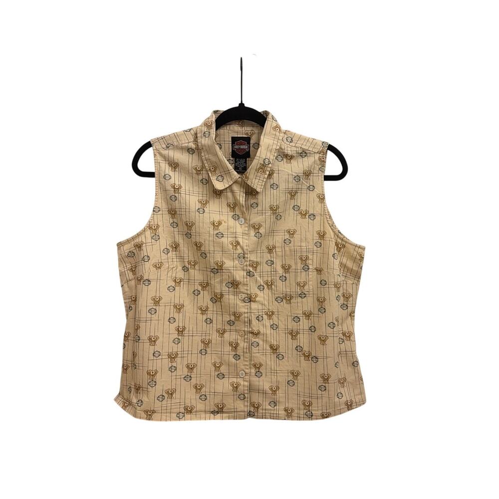 Harley-Davidson Vtg Sleeveless Button Down Motorcycle Tan Shirt XL